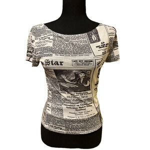 RONNY KOBO NEWS PRINT BLACK AND WHITE MESH ZANABAR SHORT SLEEVE TOP